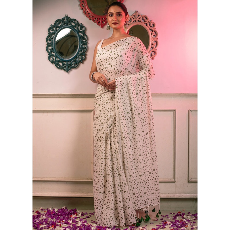 White Cotton Saree With Blouse Piece - JD986598328