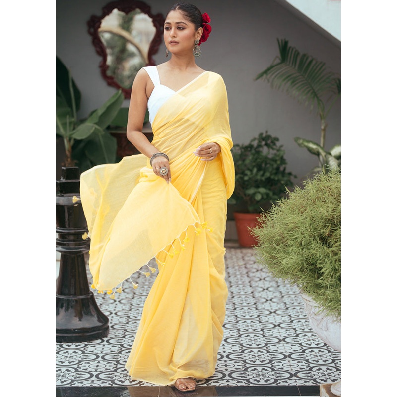 White Cotton Saree With Blouse Piece - JD986598331