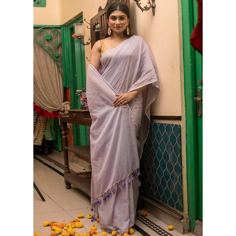 White Cotton Saree With Blouse Piece - JD986598333