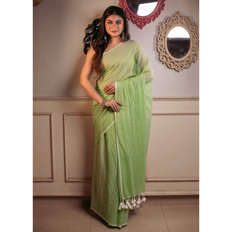 White Cotton Saree With Blouse Piece - JD986598334