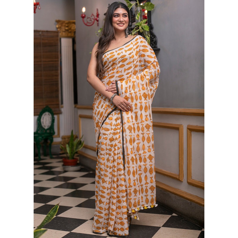 White Cotton Saree With Blouse Piece - JD986598336