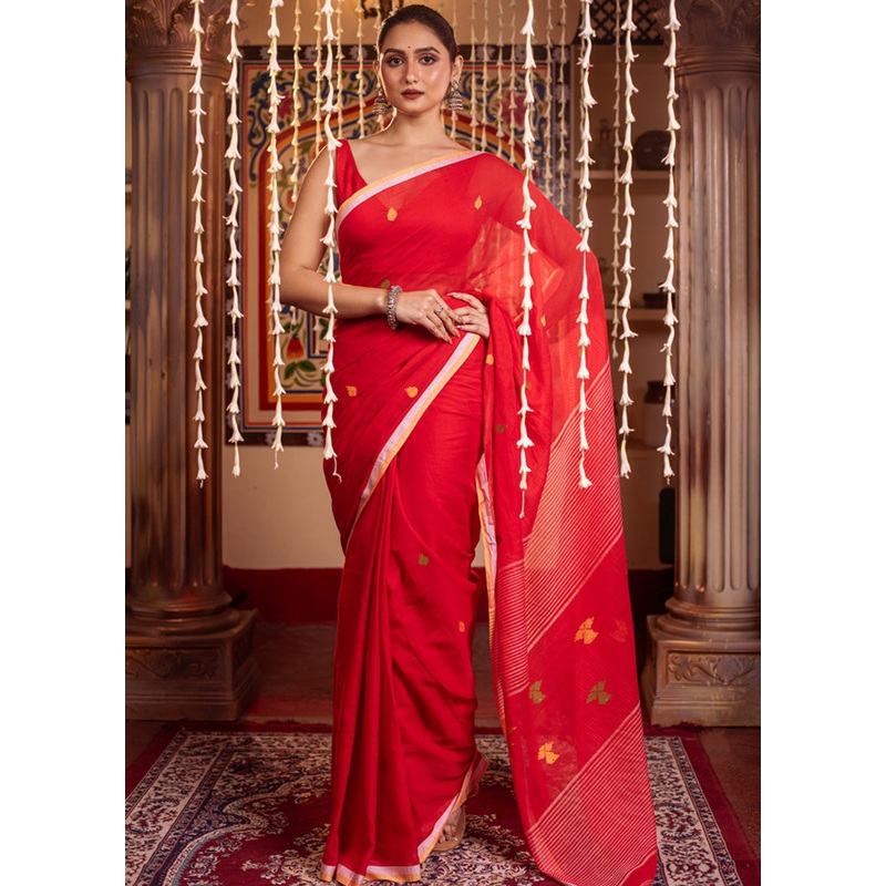 White Tant Jamdani Saree With Blouse Piece - JD986598340