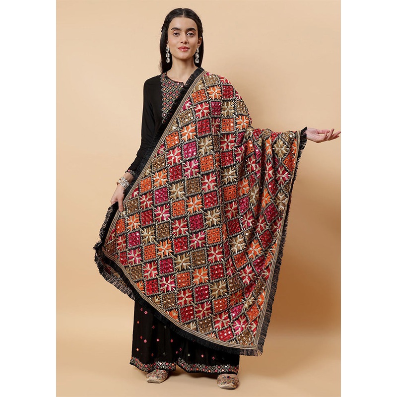 Black Chinon Phulkari Work Dupatta - JD986598106