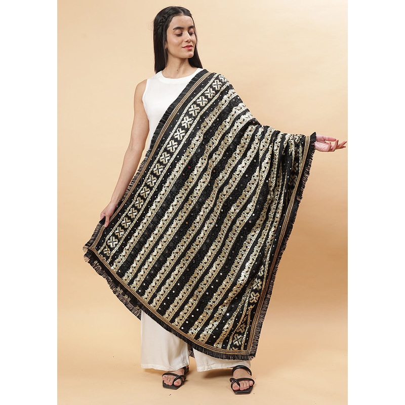 Black Chinon Phulkari Work Dupatta - JD986598107