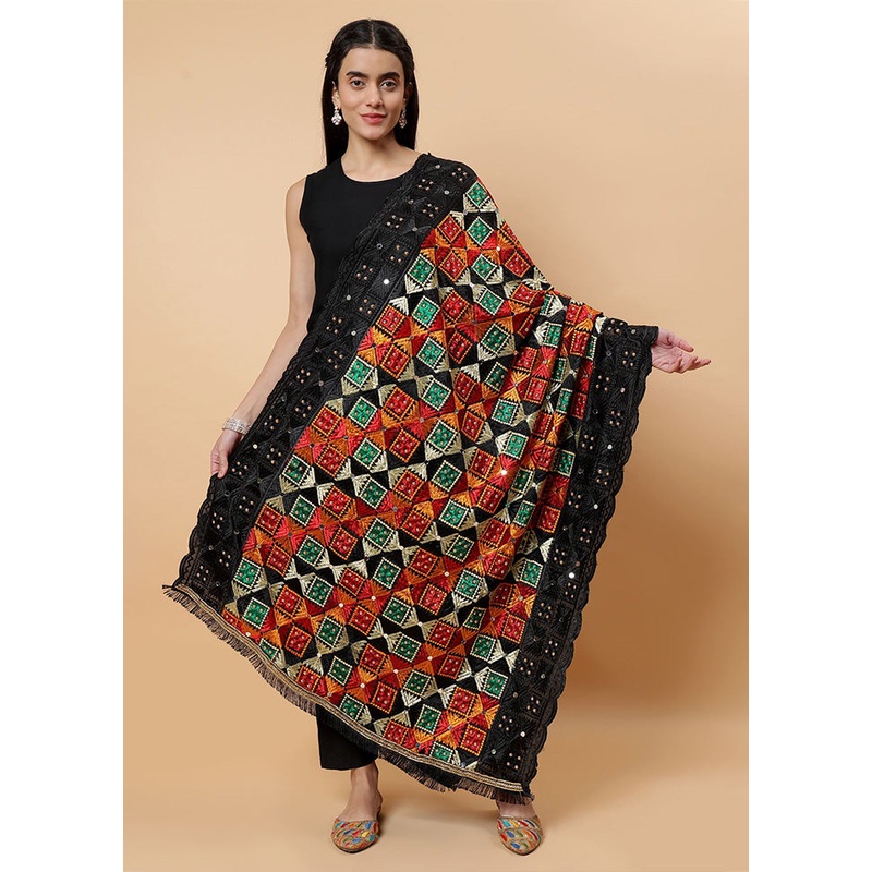 Black Chinon Phulkari Work Dupatta - JD986598108