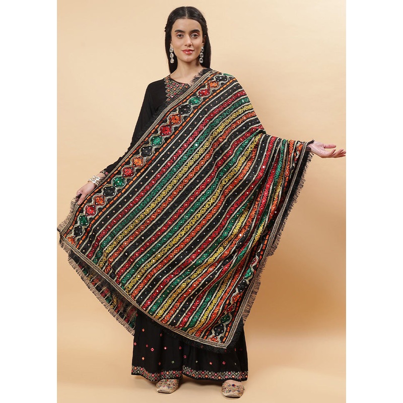 Black Chinon Phulkari Work Dupatta - JD986598109