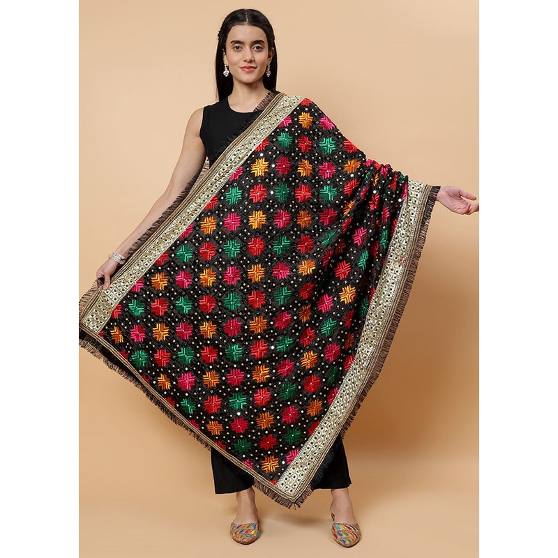 Black Chinon Phulkari Work Dupatta - JD986598110