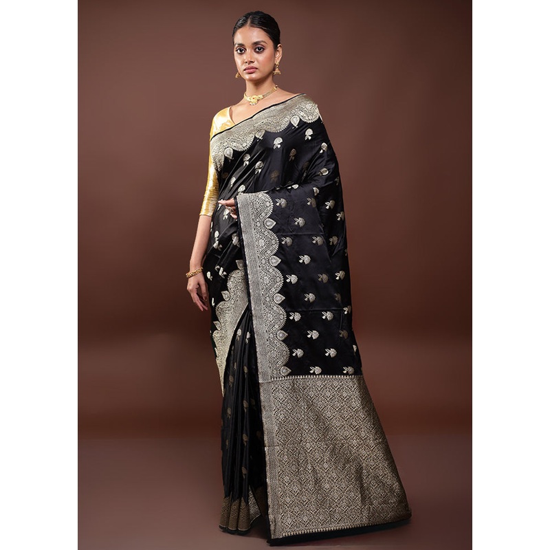 Black Dupion Silk Saree With Blouse Piece - JD986598076