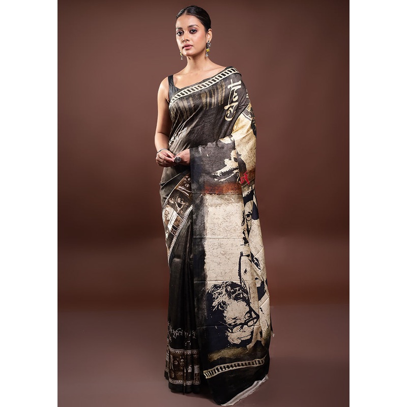 Black Printed Pure Silk Saree Without Blouse Piece - JD986598075