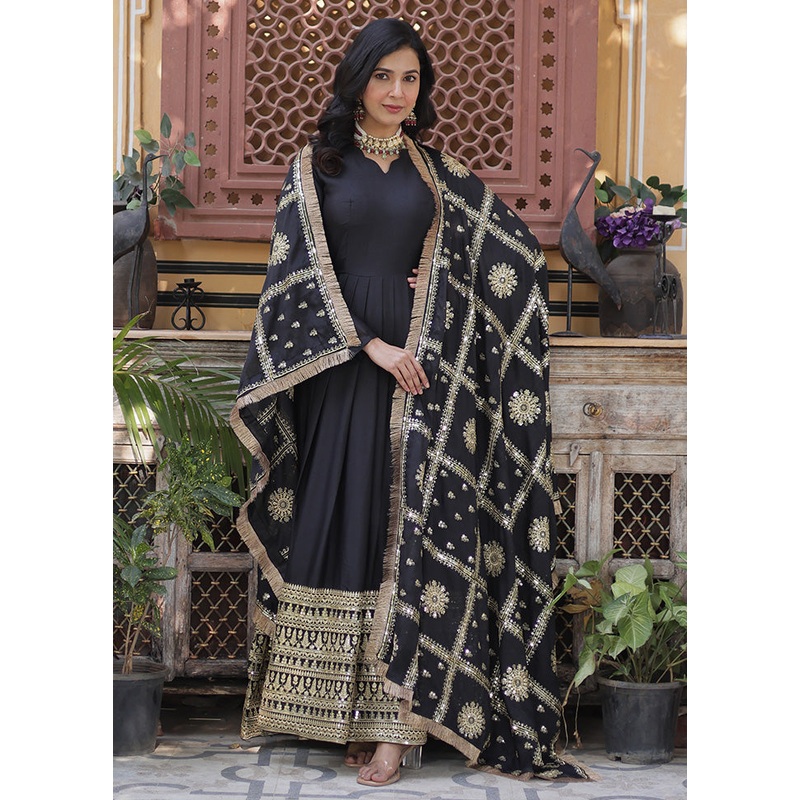 Black Readymade Georgette Dupatta Indian Dress - JD986597956