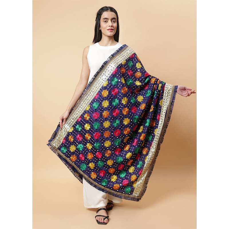 Blue Chinon Phulkari Work Dupatta - JD986598105