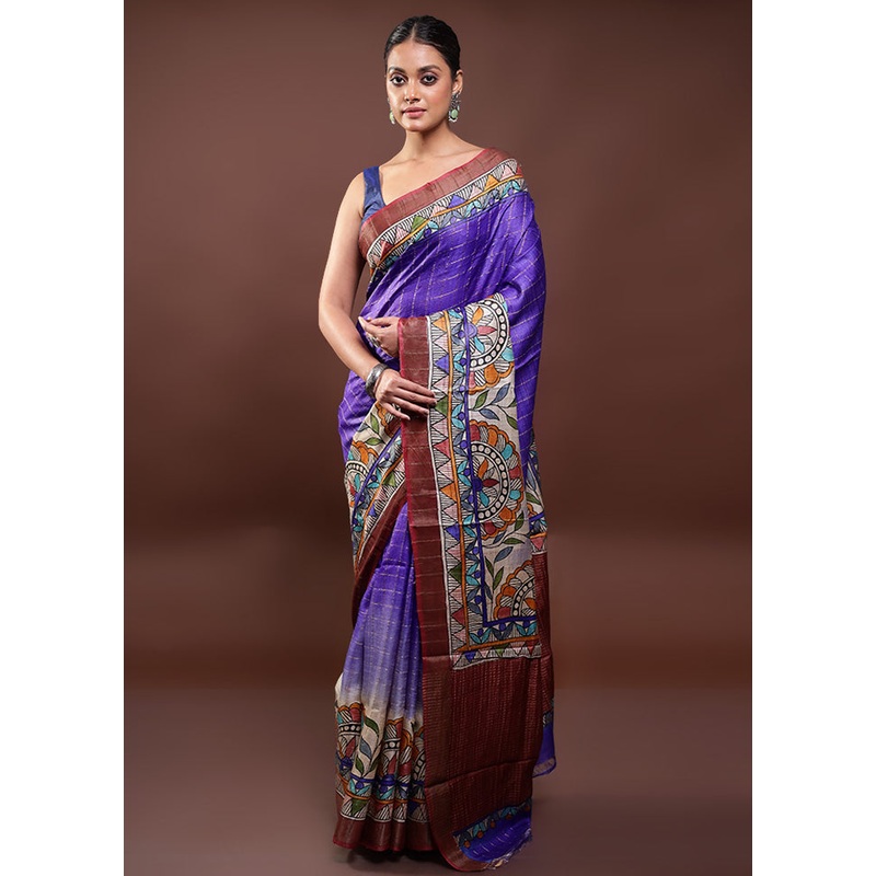 Blue Handloom Tussar Pure Silk Saree With Blouse Piece - JD986598074