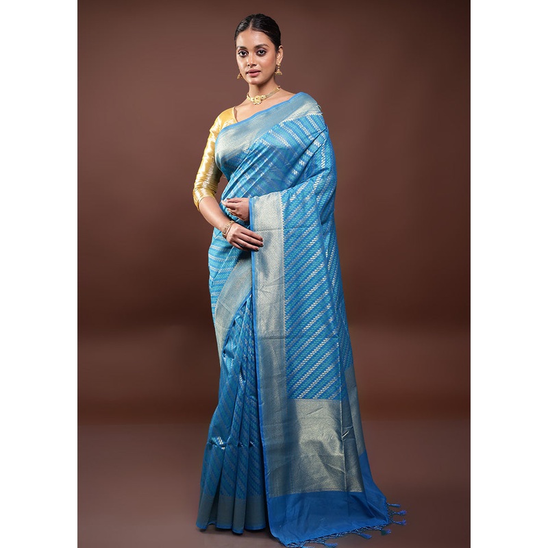 Blue Kora Silk Saree With Blouse Piece - JD986598073