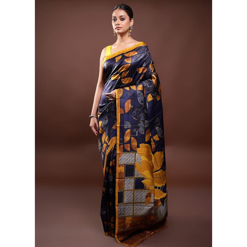 Blue Printed Pure Silk Saree Without Blouse Piece - JD986598071
