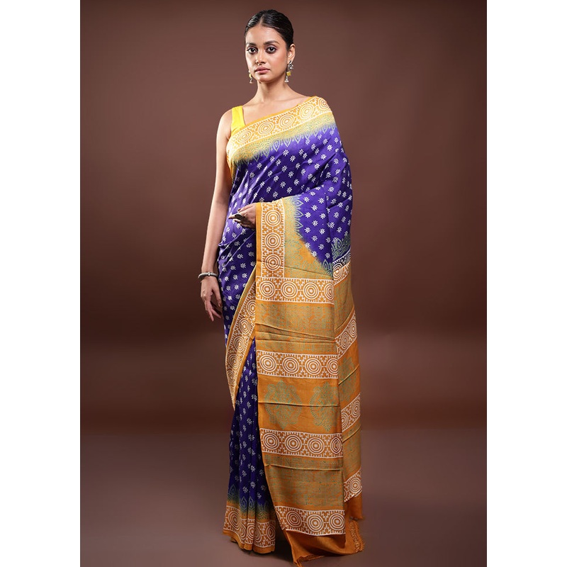 Blue Printed Pure Silk Saree Without Blouse Piece - JD986598072