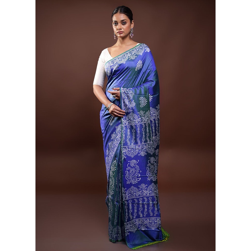 Blue Pure Bishnupuri Silk Saree Without Blouse Piece - JD986598068