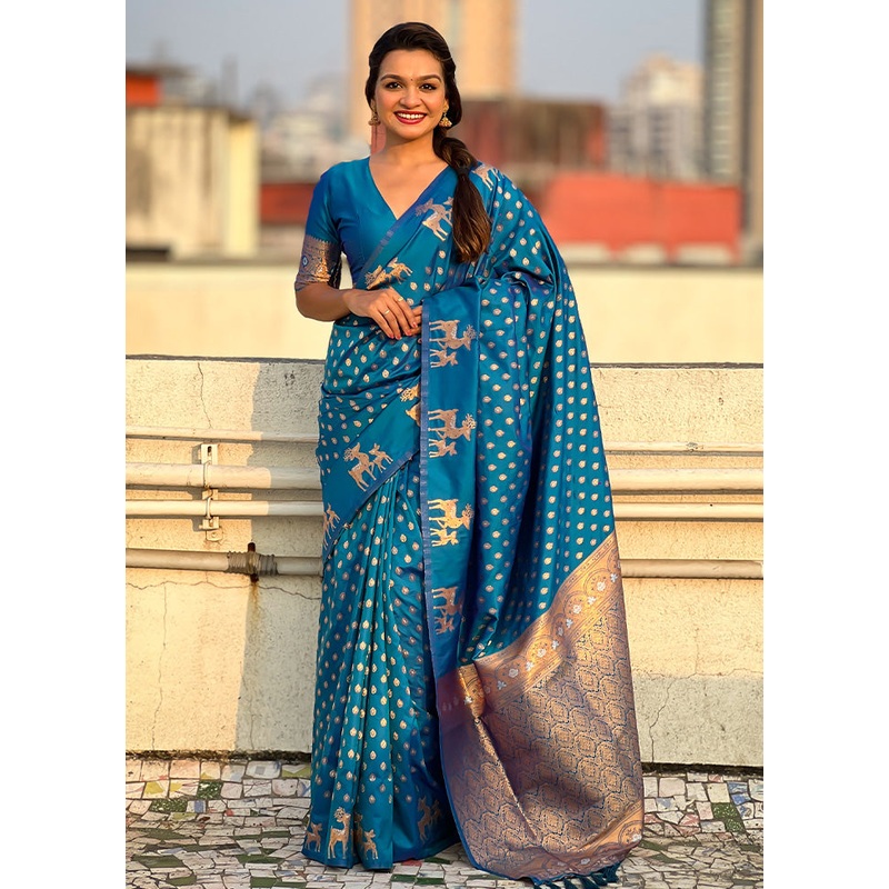Blue Spun Silk Saree With Blouse Piece - JD986597980