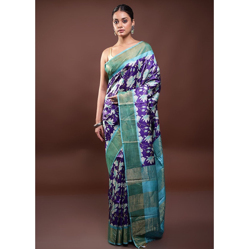 Blue Tussar Silk Saree With Blouse Piece - JD986598065