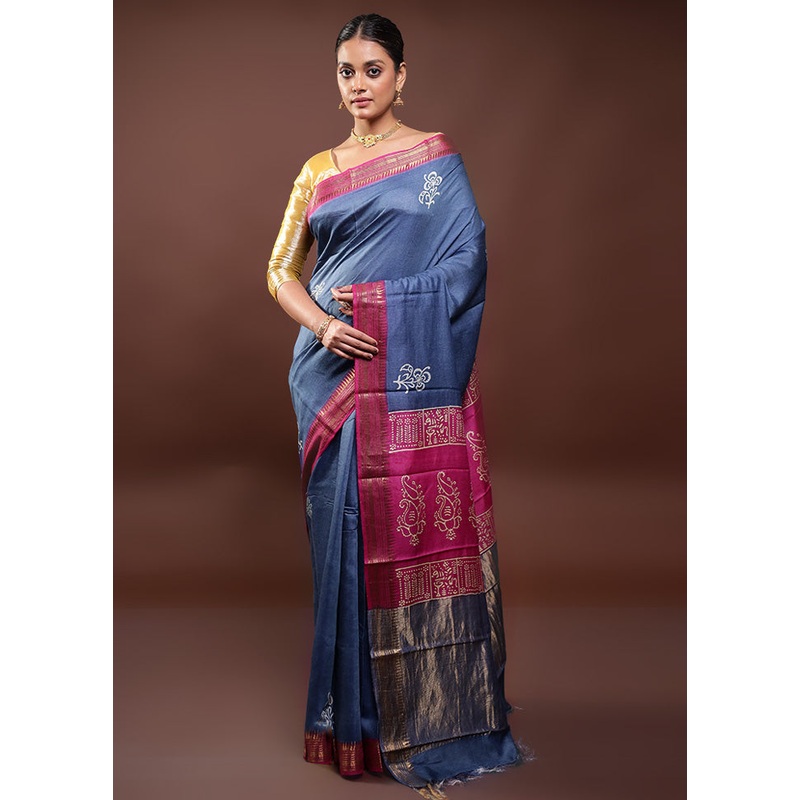 Blue Tussar Silk Saree With Blouse Piece - JD986598066