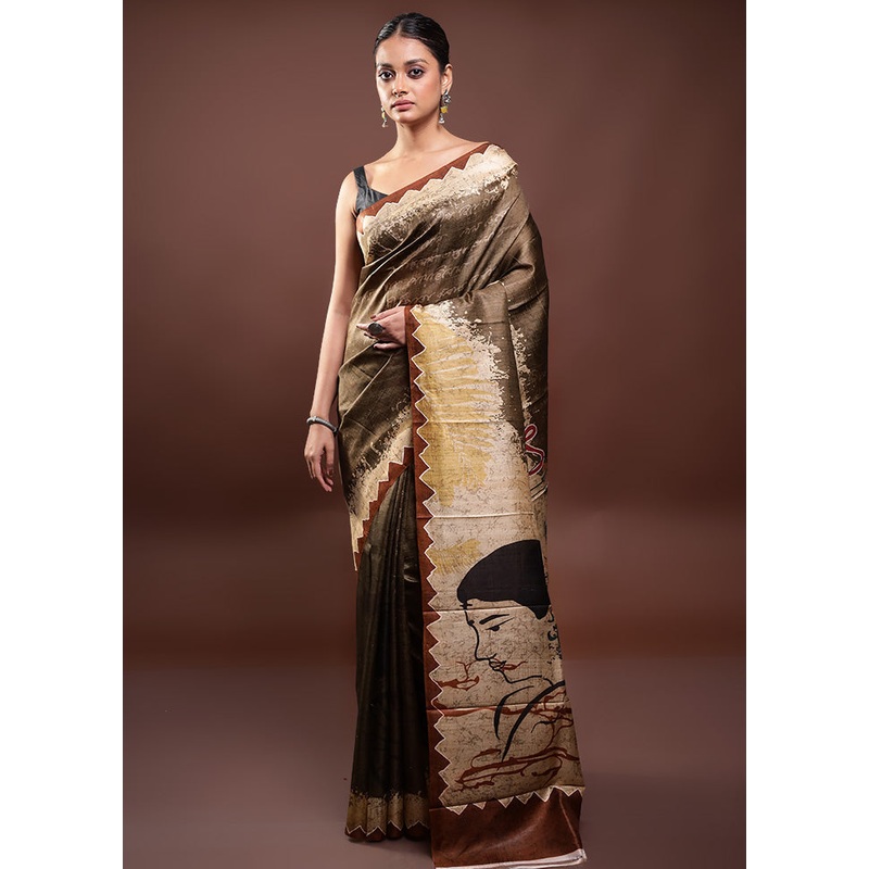 Brown Printed Pure Silk Saree Without Blouse Piece - JD986598063