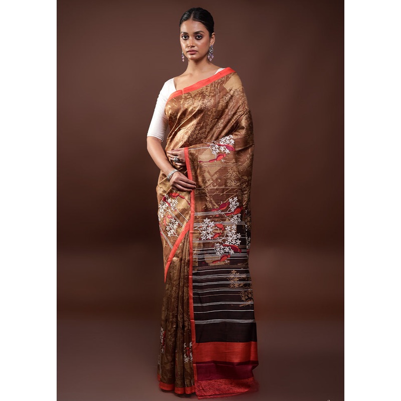 Brown Printed Pure Silk Saree Without Blouse Piece - JD986598064