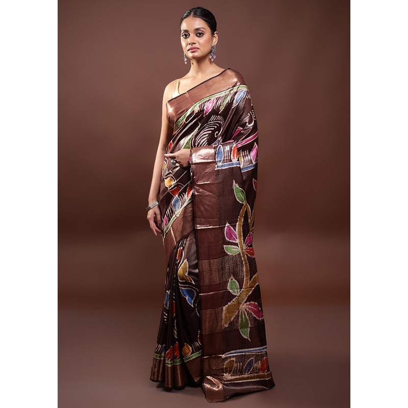 Brown Tussar Silk Saree With Blouse Piece - JD986598062