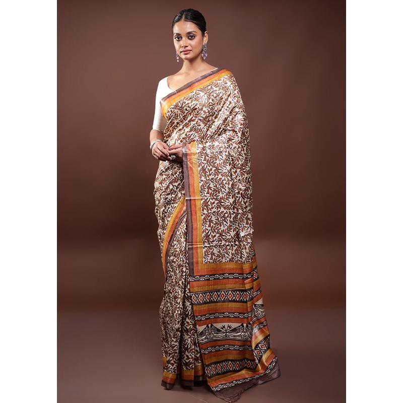 Cream Handloom Tussar Pure Silk Saree With Blouse Piece - JD986598060