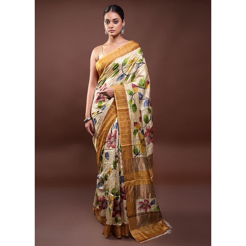 Cream Handloom Tussar Pure Silk Saree With Blouse Piece - JD986598061