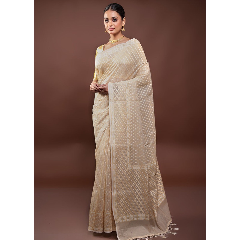 Cream Kora Silk Saree With Blouse Piece - JD986598058