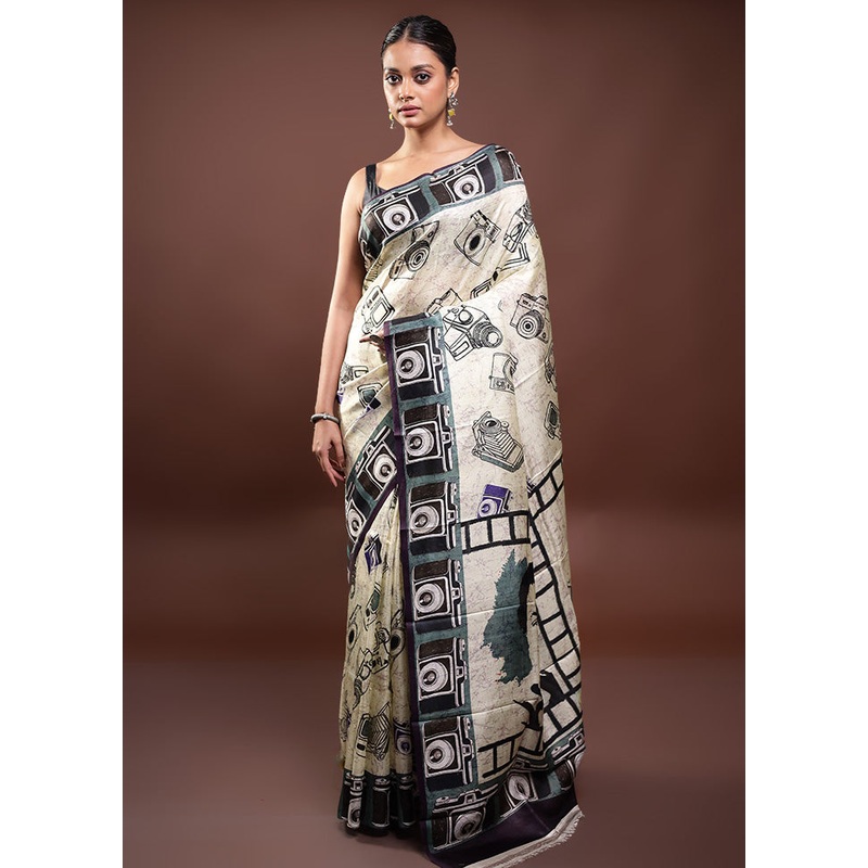 Cream Printed Pure Silk Saree Without Blouse Piece - JD986598055