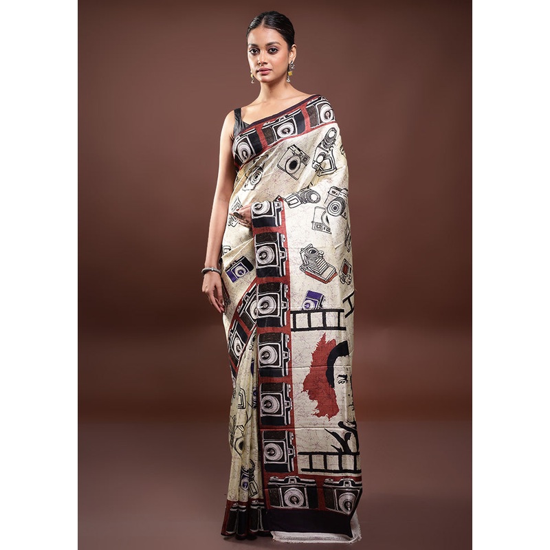Cream Printed Pure Silk Saree Without Blouse Piece - JD986598056