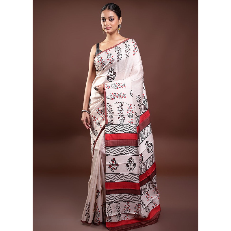 Cream Printed Pure Silk Saree Without Blouse Piece - JD986598057