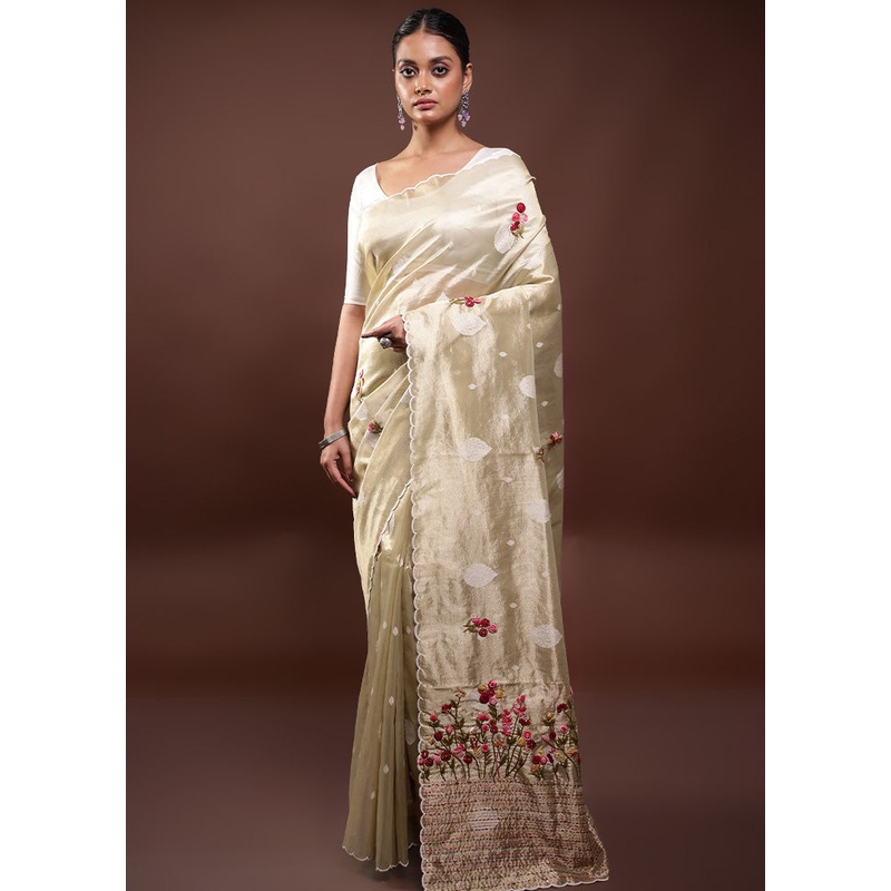 Cream Tissue Silk Saree With Blouse Piece - JD986598053