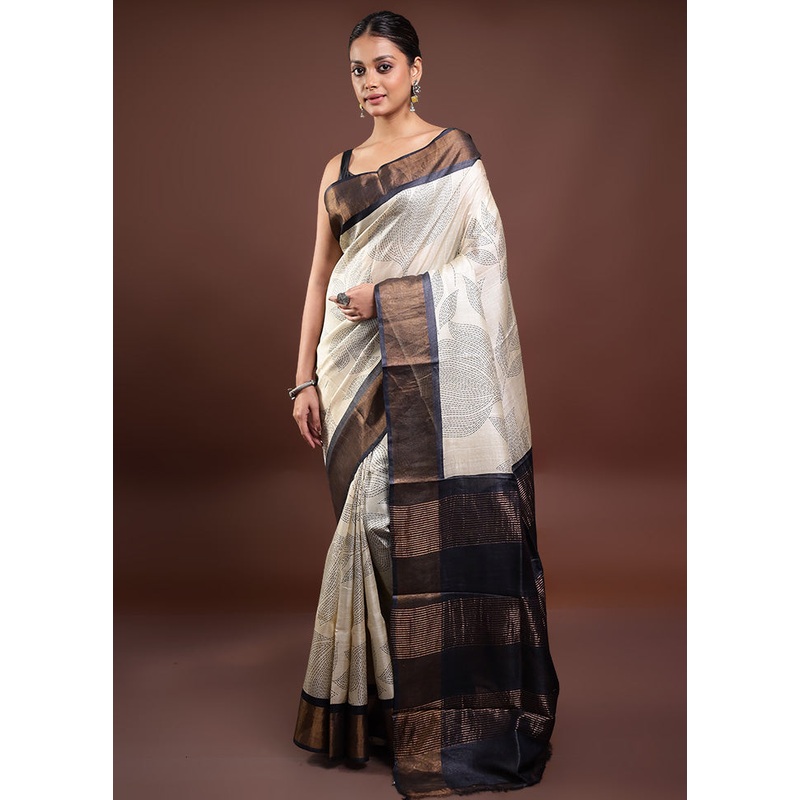 Cream Tussar Silk Saree With Blouse Piece - JD986598052
