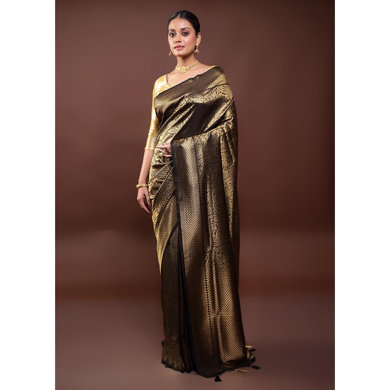 Golden Dupion Silk Saree With Blouse Piece - JD986598051