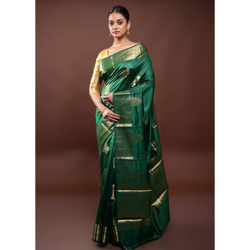 Green Dupion Silk Saree With Blouse Piece - JD986598050