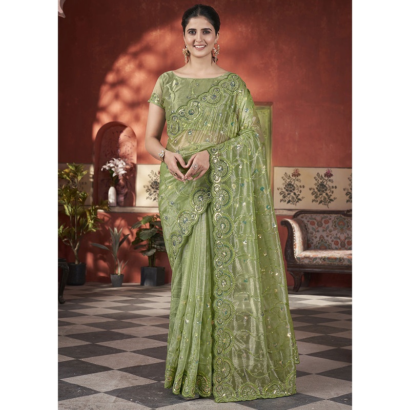 Green Net Net Saree With Blouse Piece - JD986597979
