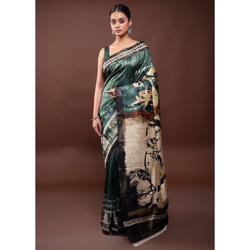 Green Printed Pure Silk Saree Without Blouse Piece - JD986598040