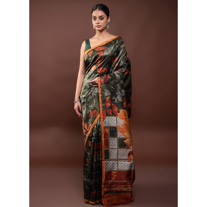 Green Printed Pure Silk Saree Without Blouse Piece - JD986598041