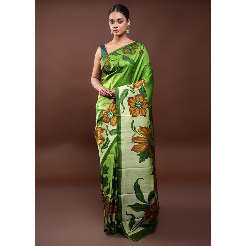 Green Printed Pure Silk Saree Without Blouse Piece - JD986598042