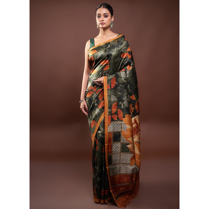 Green Printed Pure Silk Saree Without Blouse Piece - JD986598043