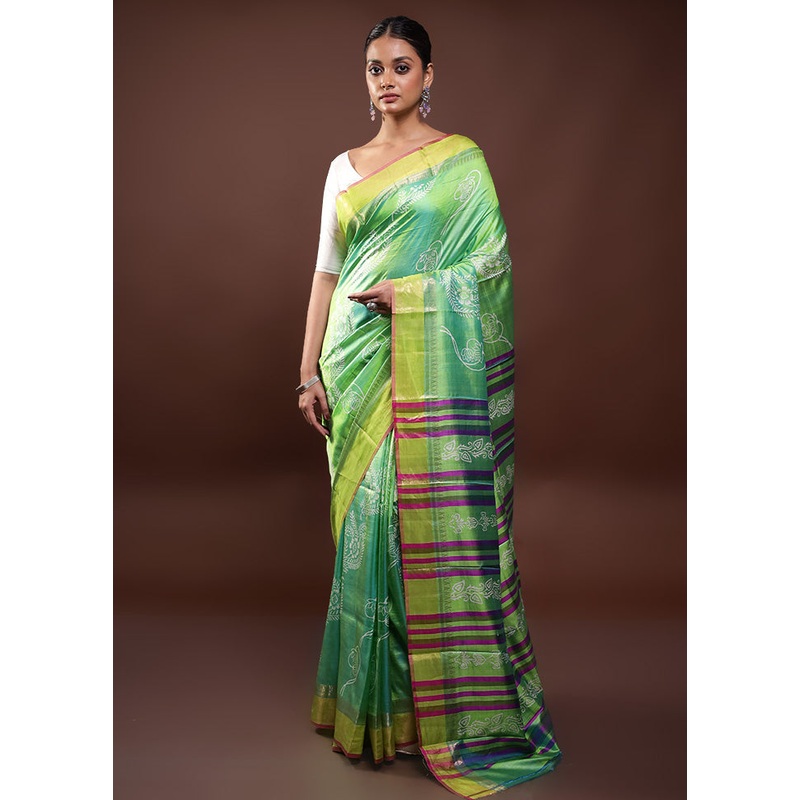 Green Pure Bishnupuri Silk Saree Without Blouse Piece - JD986598035
