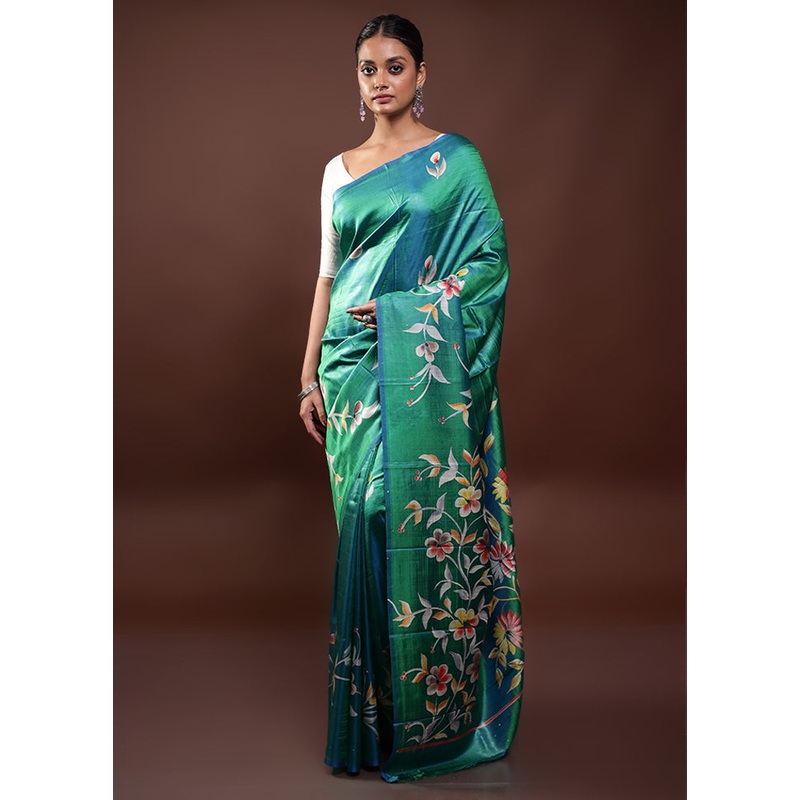 Green Pure Bishnupuri Silk Saree Without Blouse Piece - JD986598038
