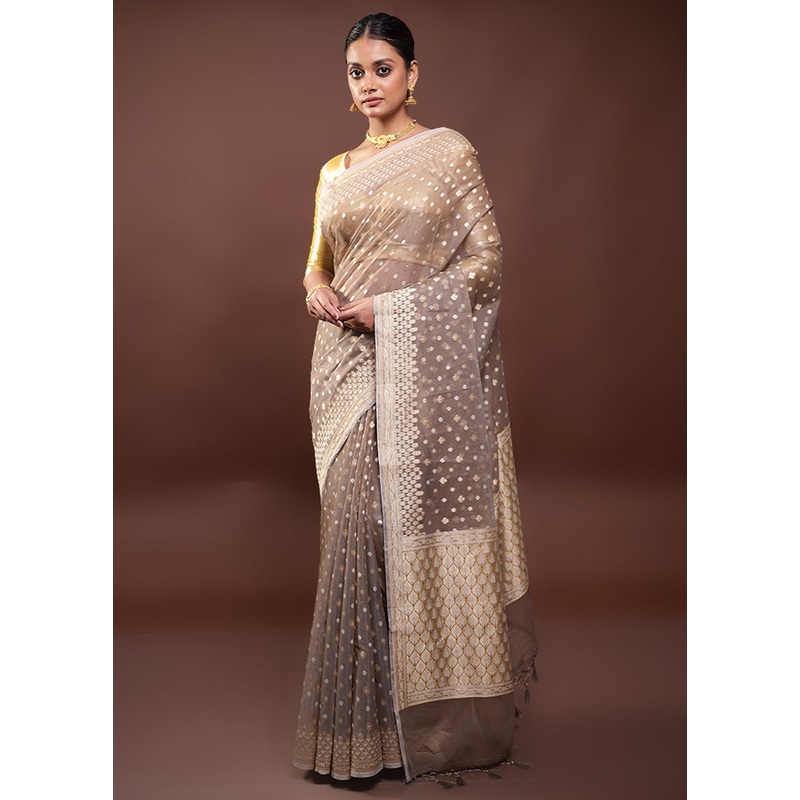 Grey Kora Silk Saree With Blouse Piece - JD986598034