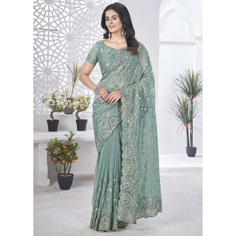 Grey Net Saree With Blouse Piece - JD986597977