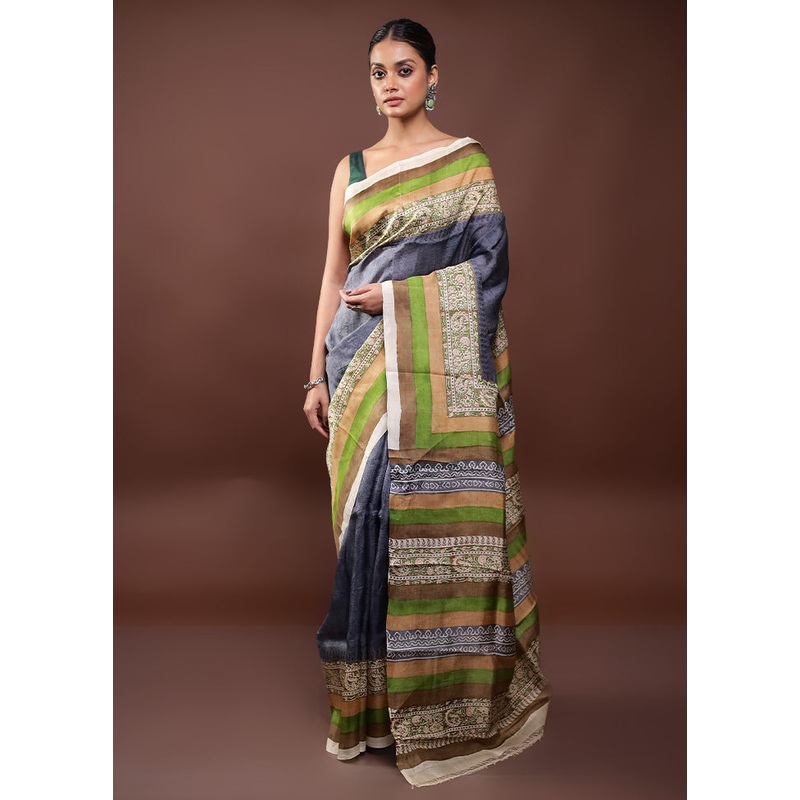 Grey Printed Pure Silk Saree Without Blouse Piece - JD986598033