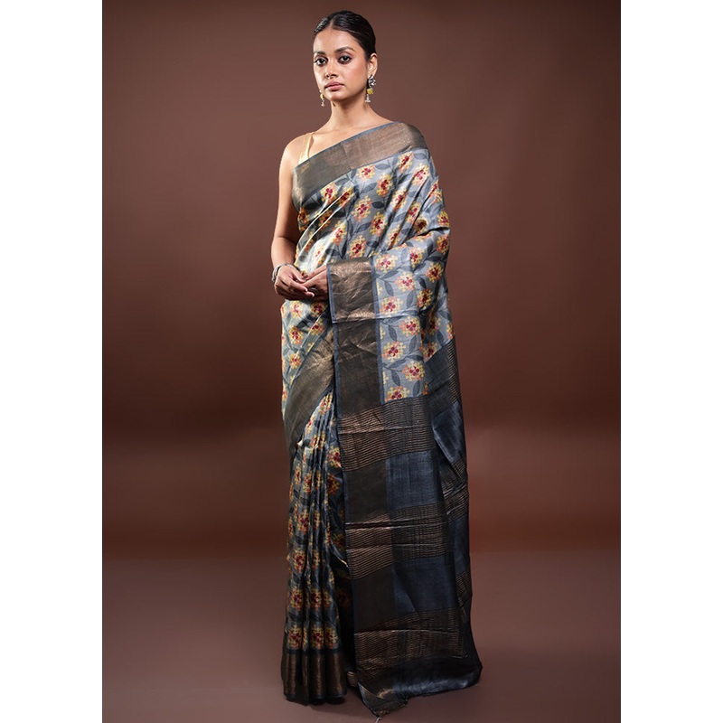 Grey Tussar Silk Saree With Blouse Piece - JD986598031