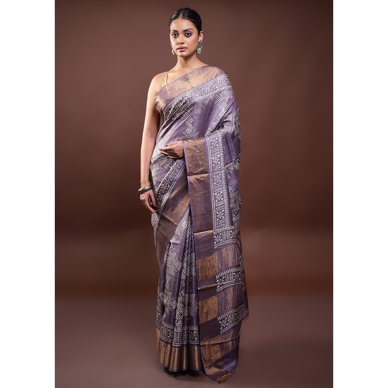 Grey Tussar Silk Saree With Blouse Piece - JD986598032