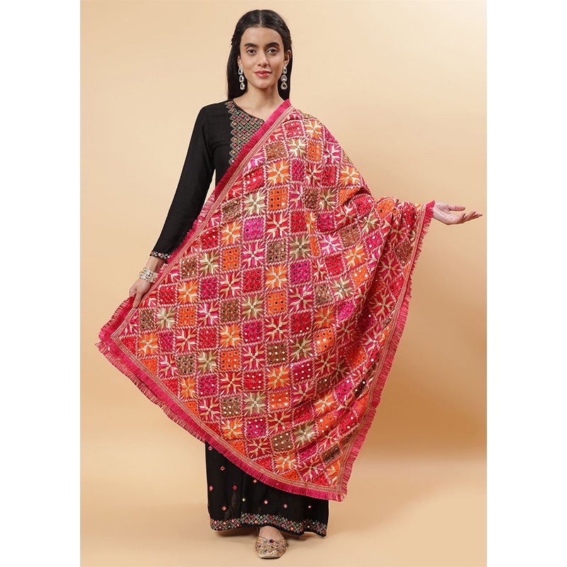 Magenta Chinon Phulkari Work Dupatta - JD986598099