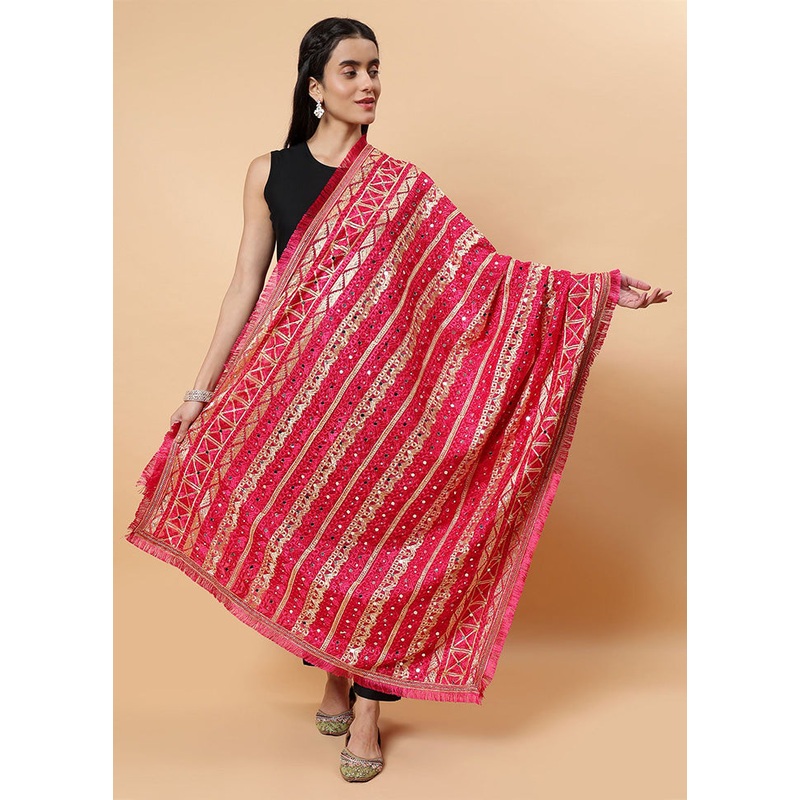 Magenta Chinon Phulkari Work Dupatta - JD986598100